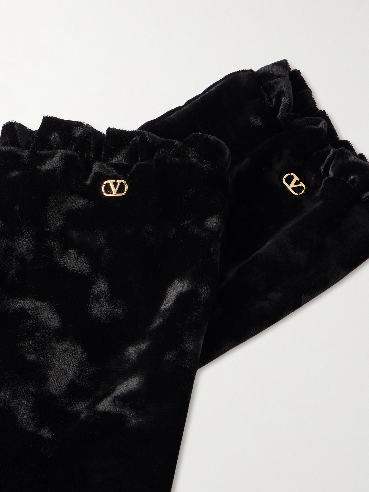 Valentino Vlogo Ruffled Velvet Gloves In Black