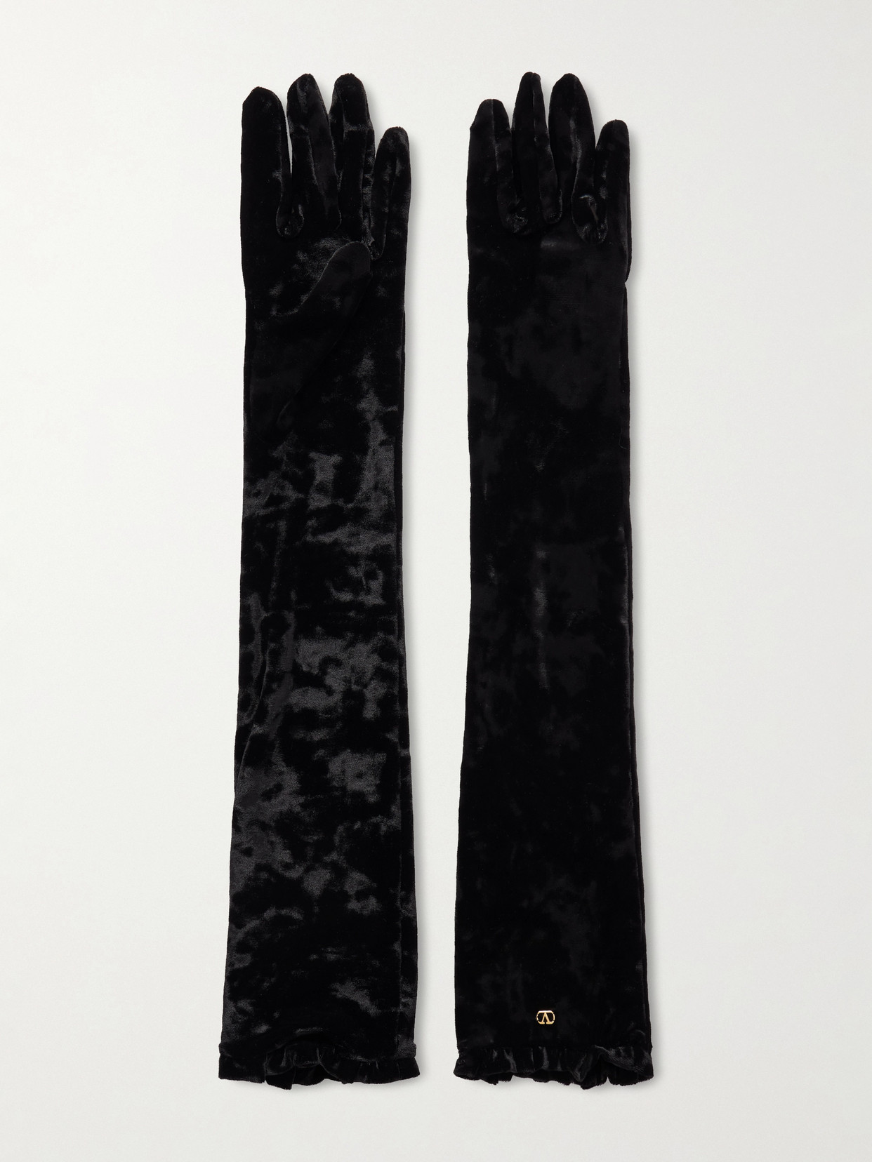 Valentino Garavani Vlogo Ruffled Velvet Gloves In Black