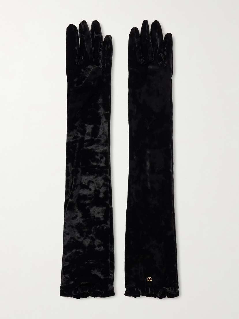Valentino Garavani Vlogo Ruffled Velvet Gloves