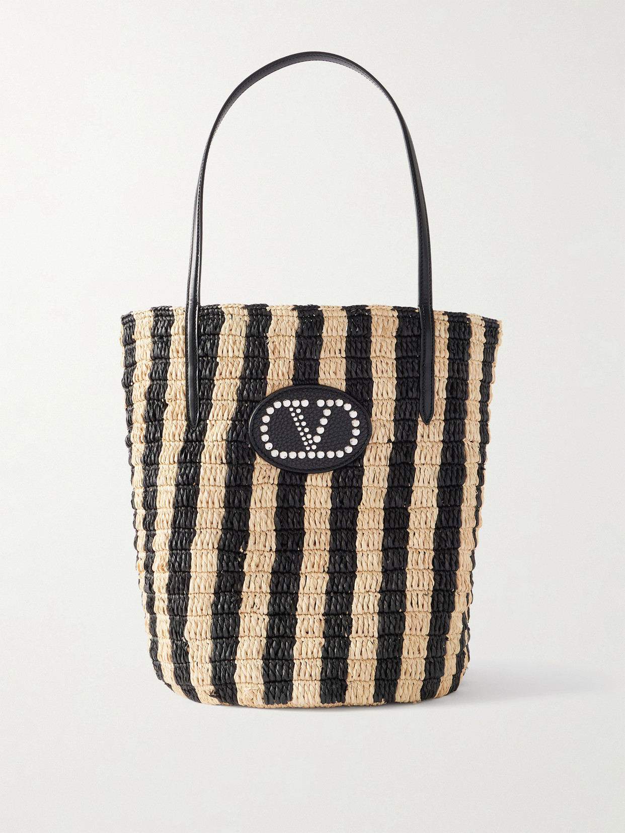 Valentino Garavani Vlogo Signature Small Leather-trimmed Striped Raffia Bucket Bag In Black