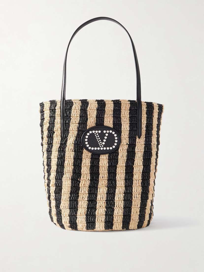 Valentino Garavani Vlogo Signature Small Leather-trimmed Striped Raffia Bucket Bag