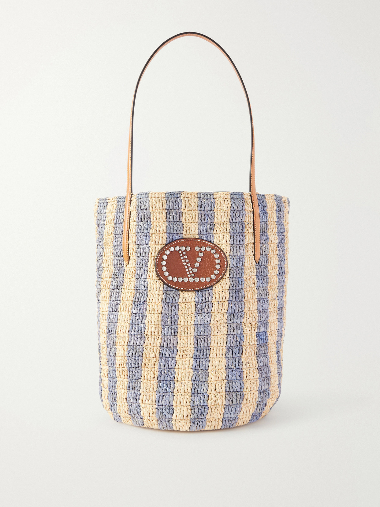 Valentino Garavani Vlogo Signature Small Embellished Leather-trimmed Striped Raffia Bucket Bag In Blue