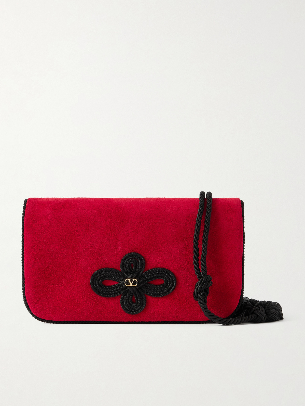 Valentino Garavani Sans Fin Tasseled Cord-trimmed Suede Clutch In Red