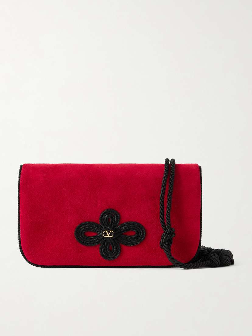 Valentino Garavani Sans Fin Tasseled Cord-trimmed Suede Clutch