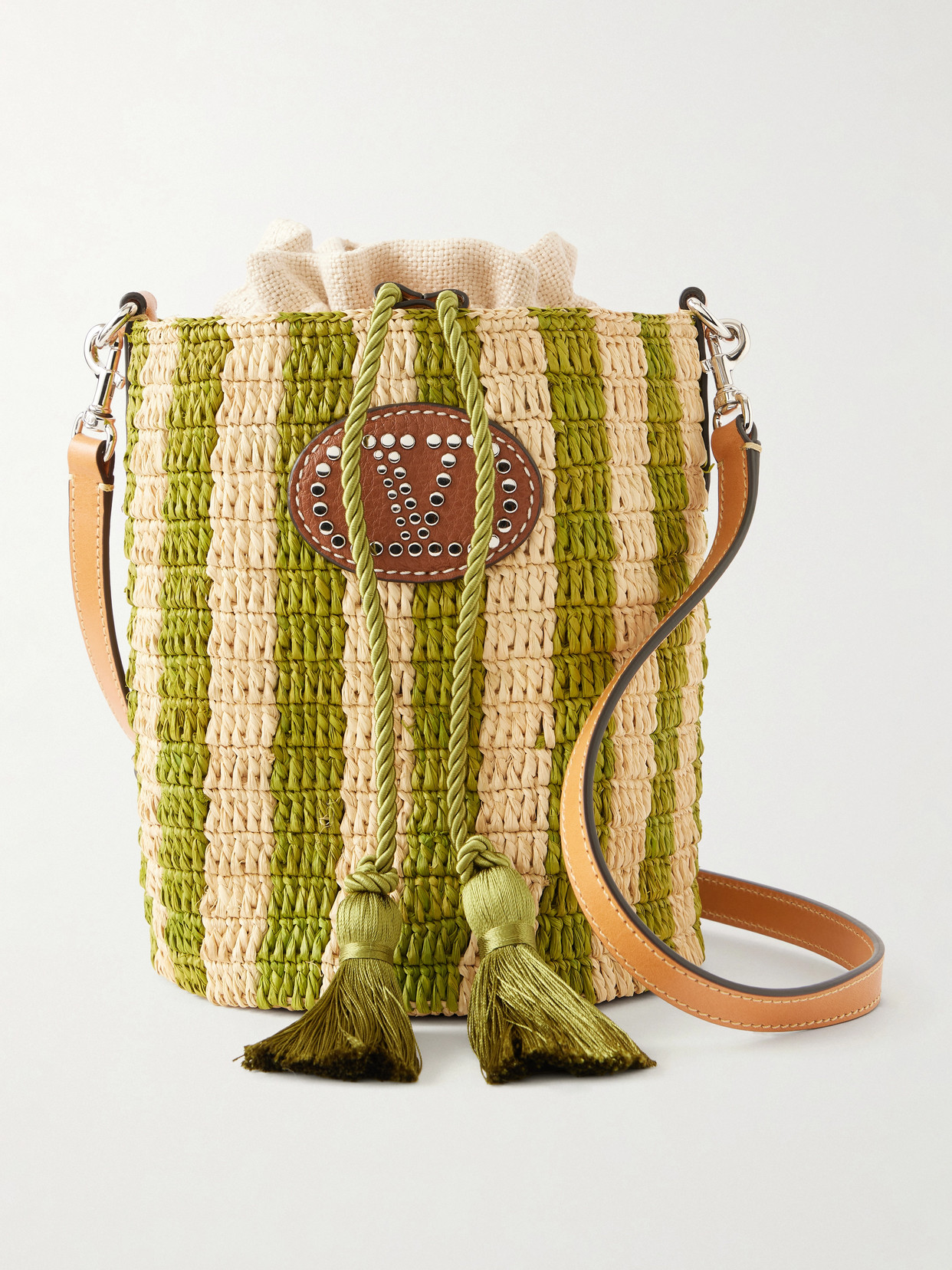 Valentino Garavani Small Striped Raffia Bucket Bag In Green