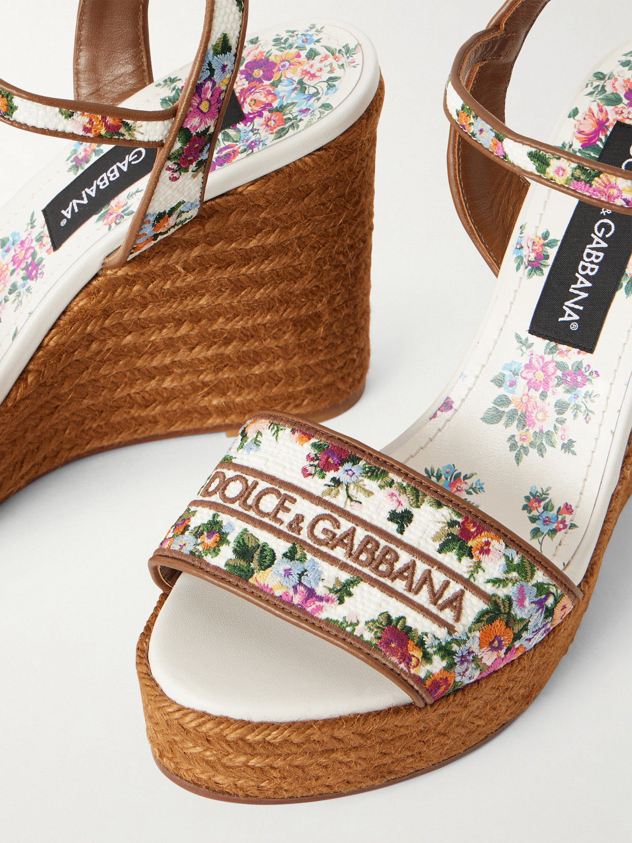 Dolce & Gabbana Leather-trimmed Embroidered Canvas Platform Wedge Sandals In Brown