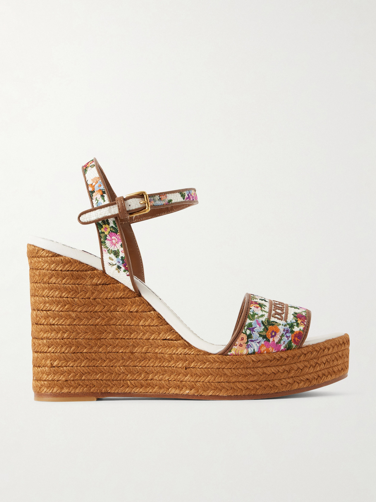 Dolce & Gabbana Leather-trimmed Embroidered Canvas Platform Wedge Sandals In Brown