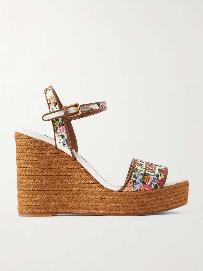 Dolce & Gabbana Leather-trimmed Embroidered Canvas Platform Wedge Sandals