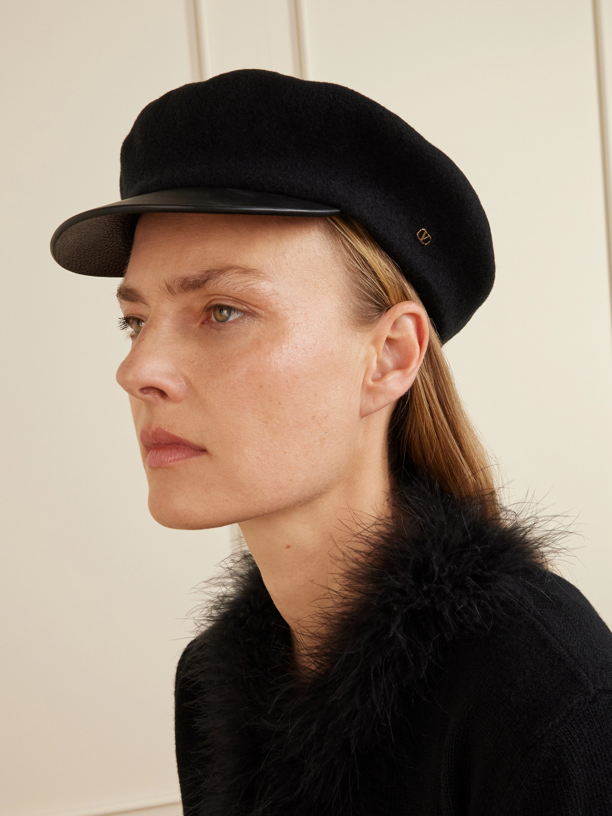 Valentino Embellished Leather-trimmed Wool Cap In Black