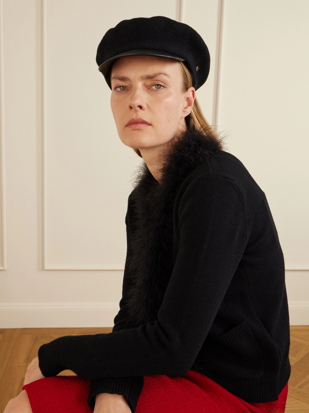 Valentino Embellished Leather-trimmed Wool Cap In Black