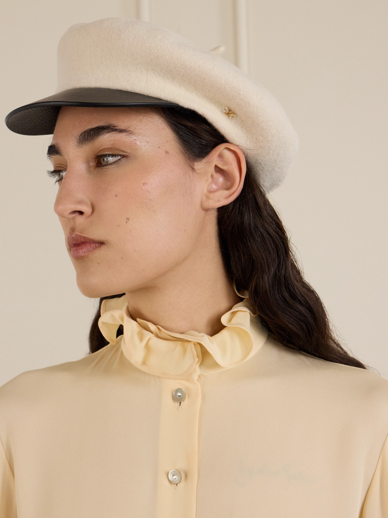 Valentino Embellished Leather-trimmed Wool Cap In Neutral