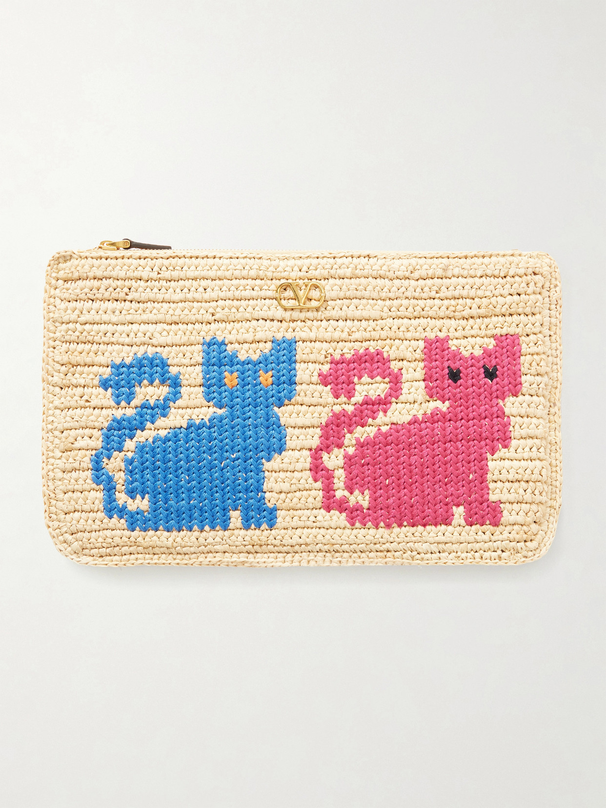 Valentino Garavani Embroidered Raffia Clutch In Neutral