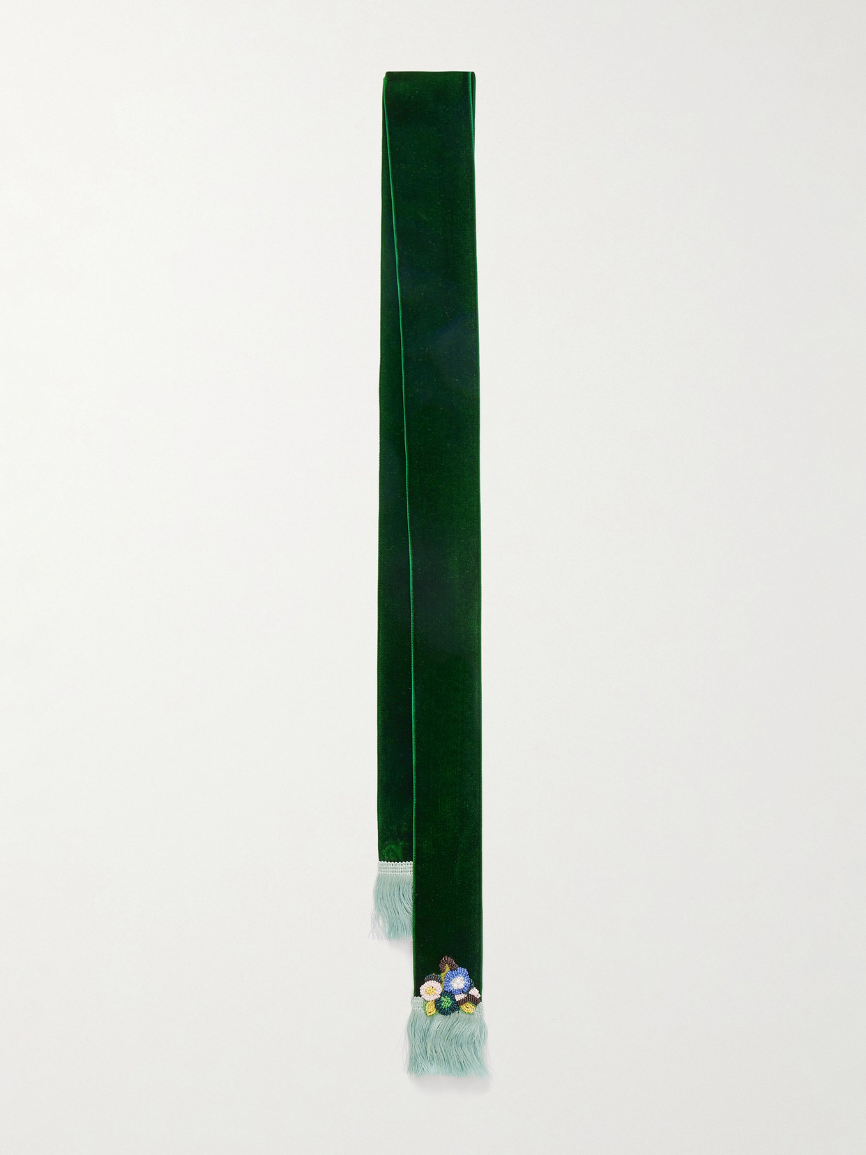 Valentino Fringed Embellished Velvet Scarf In Green
