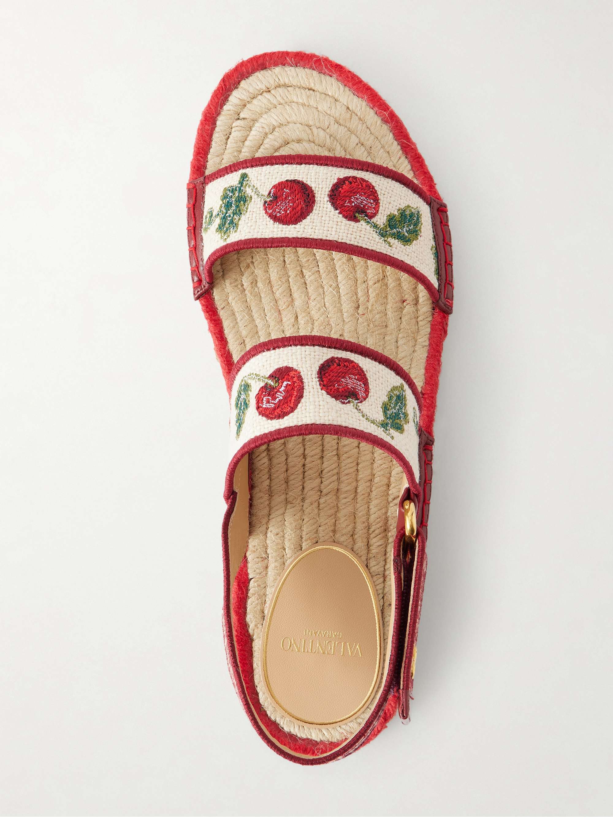 VALENTINO GARAVANI Embroidered leather-trimmed raffia sandals