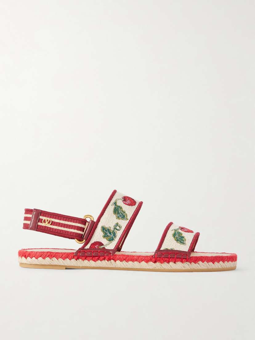 Valentino Garavani — Embroidered leather-trimmed raffia sandals
