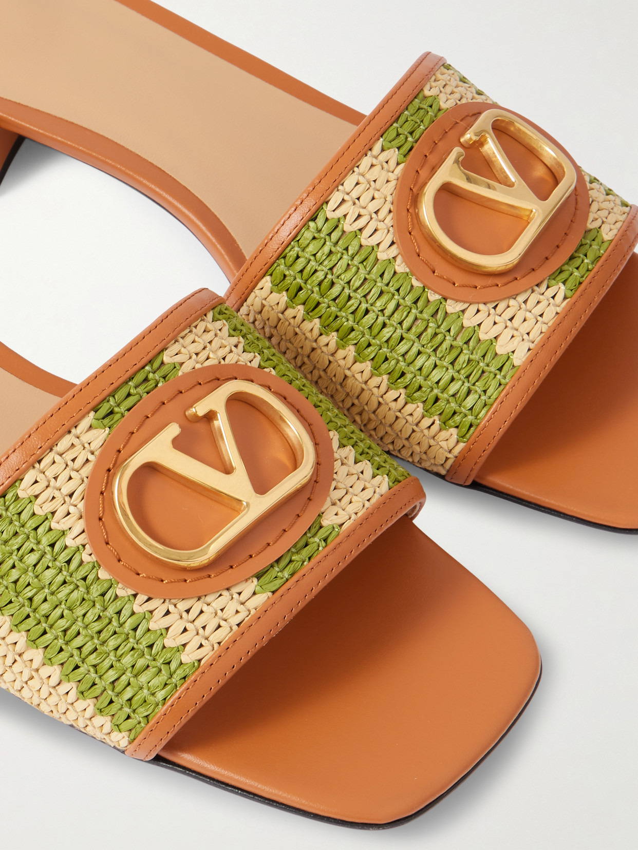 Garavani - Vlogo Embellished Leather-Trimmed Striped Raffia Slides