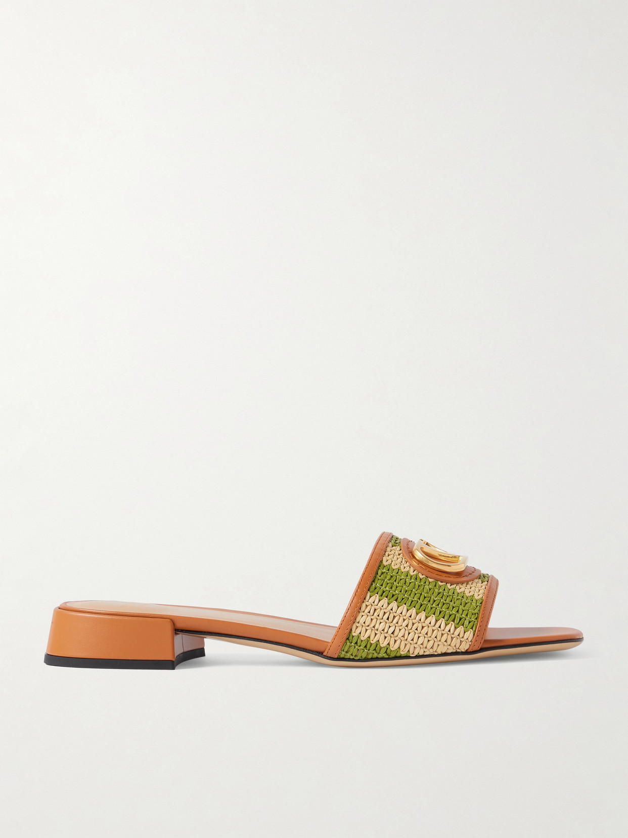 Garavani - Vlogo Embellished Leather-Trimmed Striped Raffia Slides