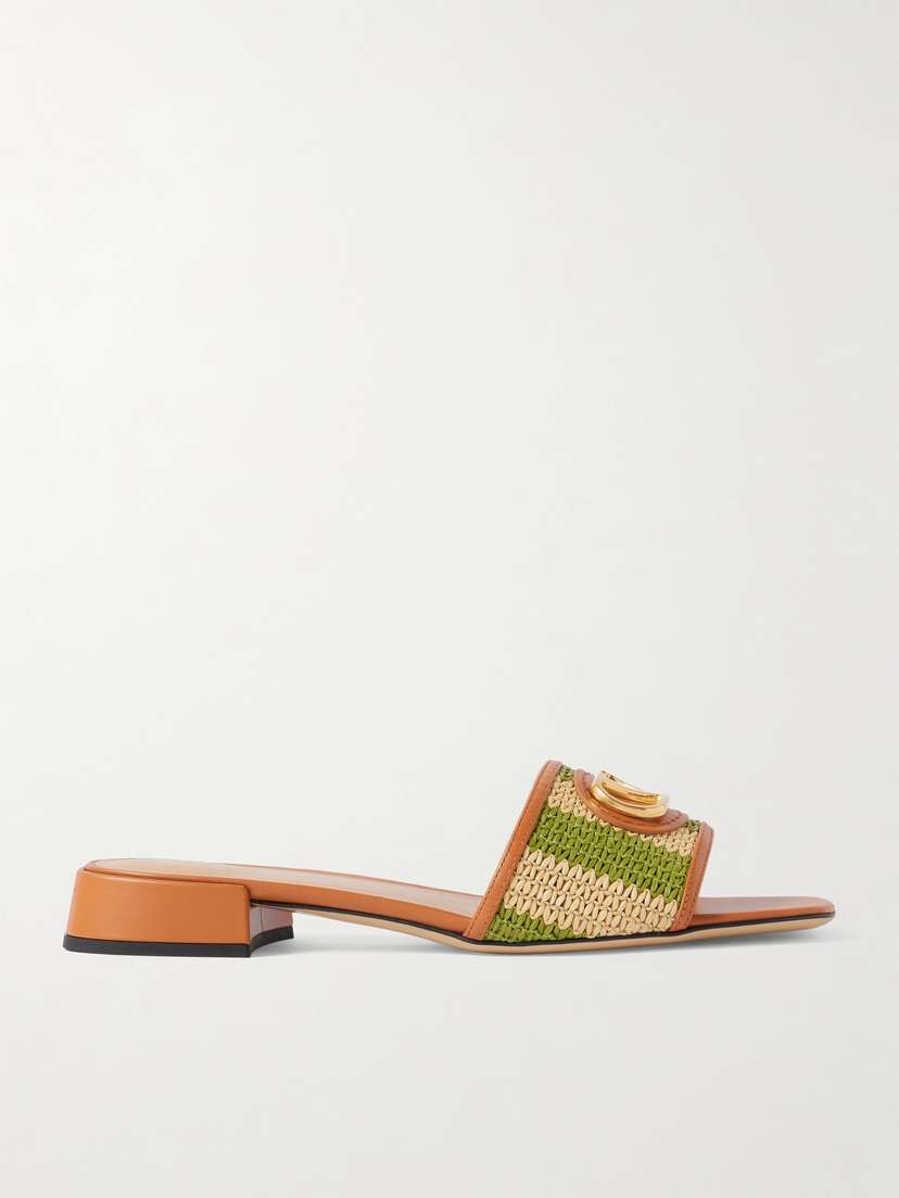 Valentino Garavani Vlogo Embellished Leather-trimmed Striped Raffia Slides