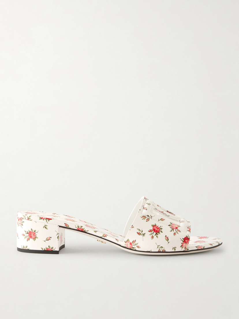 Dolce & Gabbana Bianca Cutout Floral-print Leather Mules