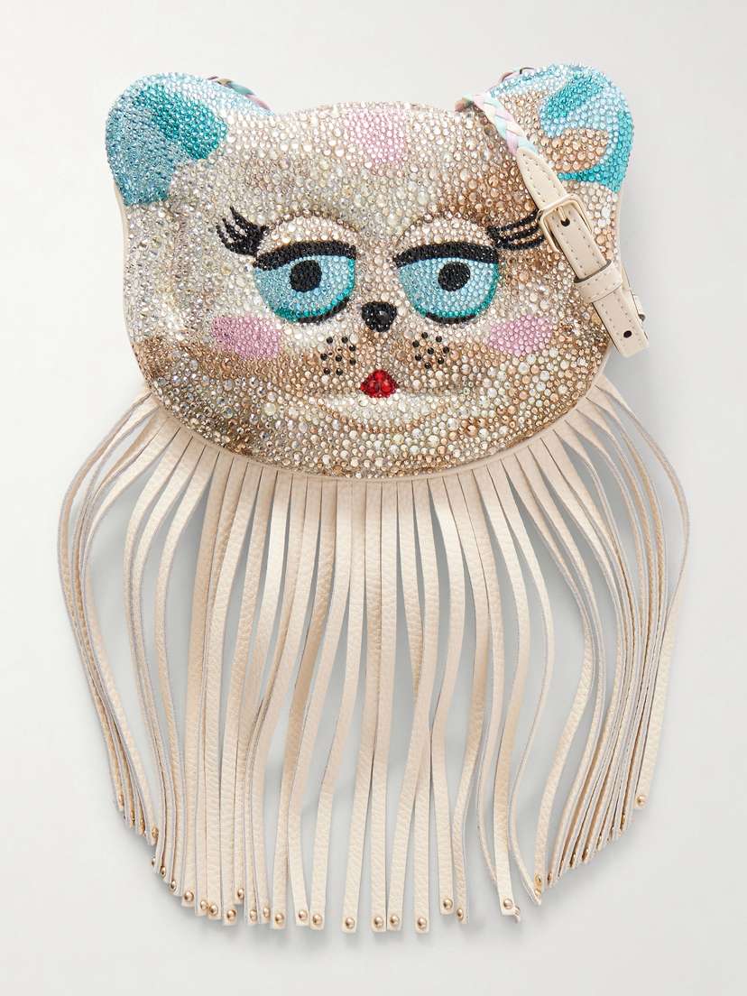 Valentino Garavani Le Chat De La Maison Fringed Crystal-embellished Leather Shoulder Bag