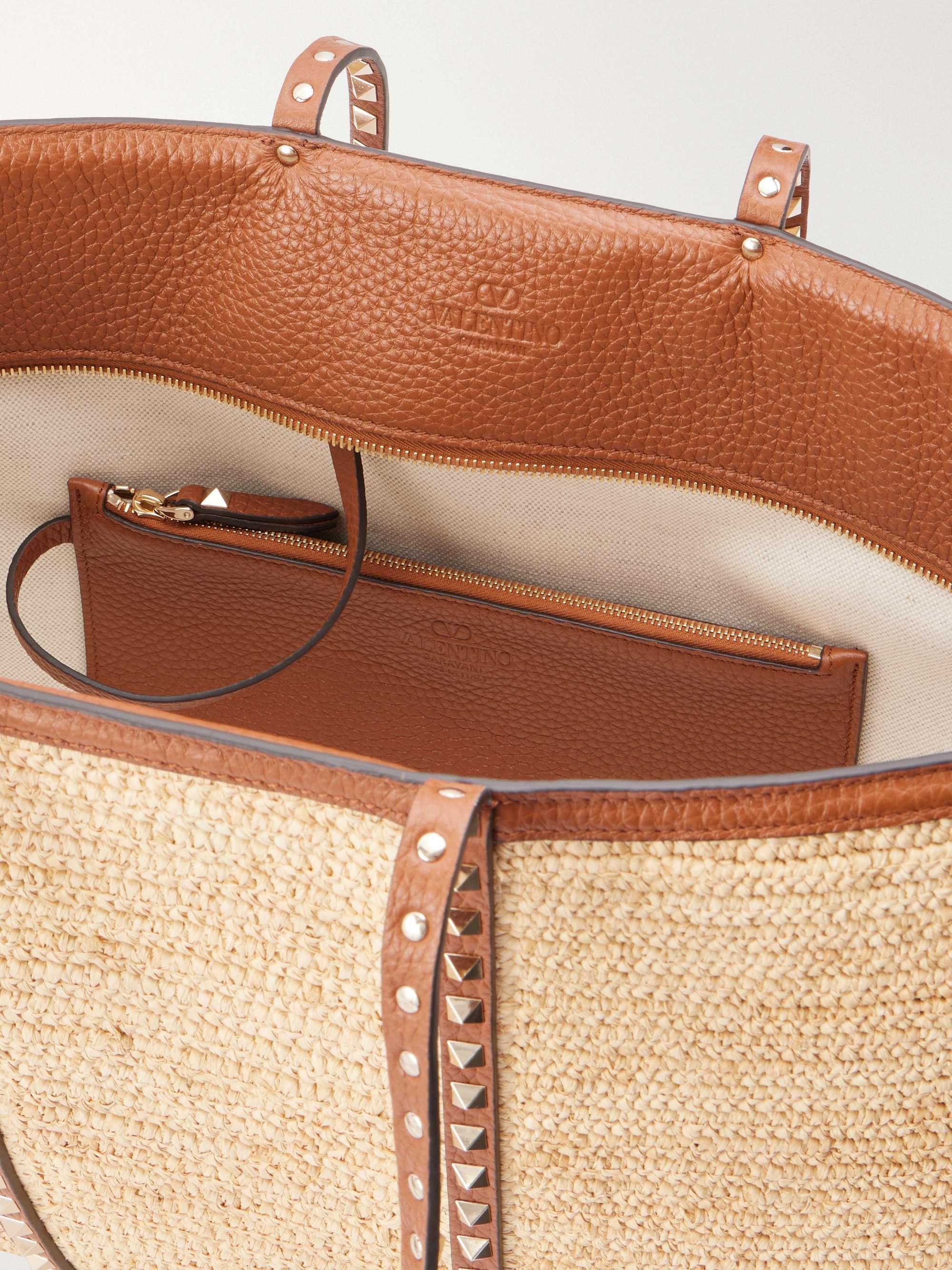 VALENTINO GARAVANI Rockstud leather-trimmed raffia tote | NET-A-PORTER