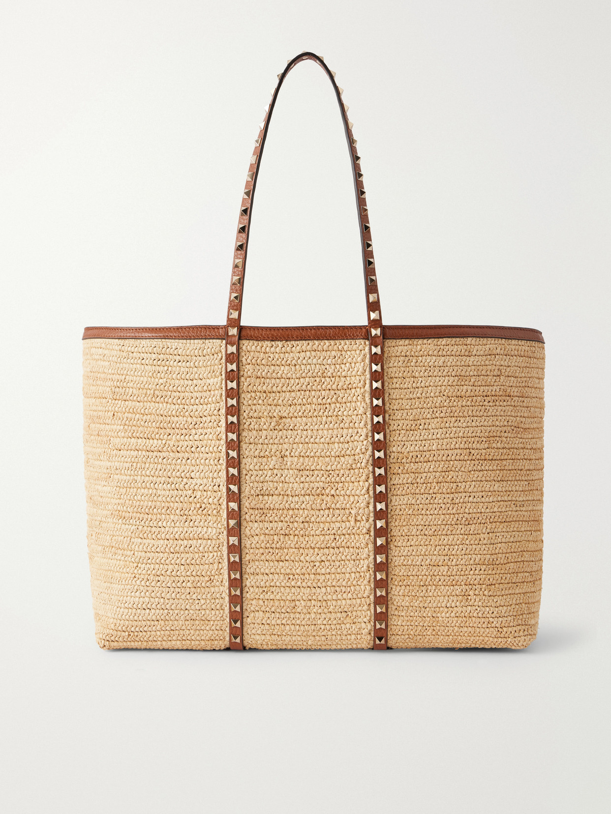 Valentino Garavani Rockstud Leather-trimmed Raffia Tote In Brown
