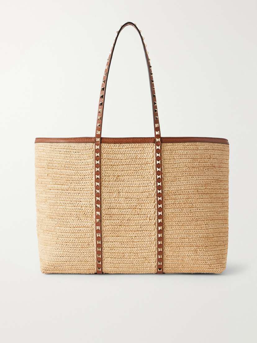 Valentino Garavani Rockstud Leather-trimmed Raffia Tote
