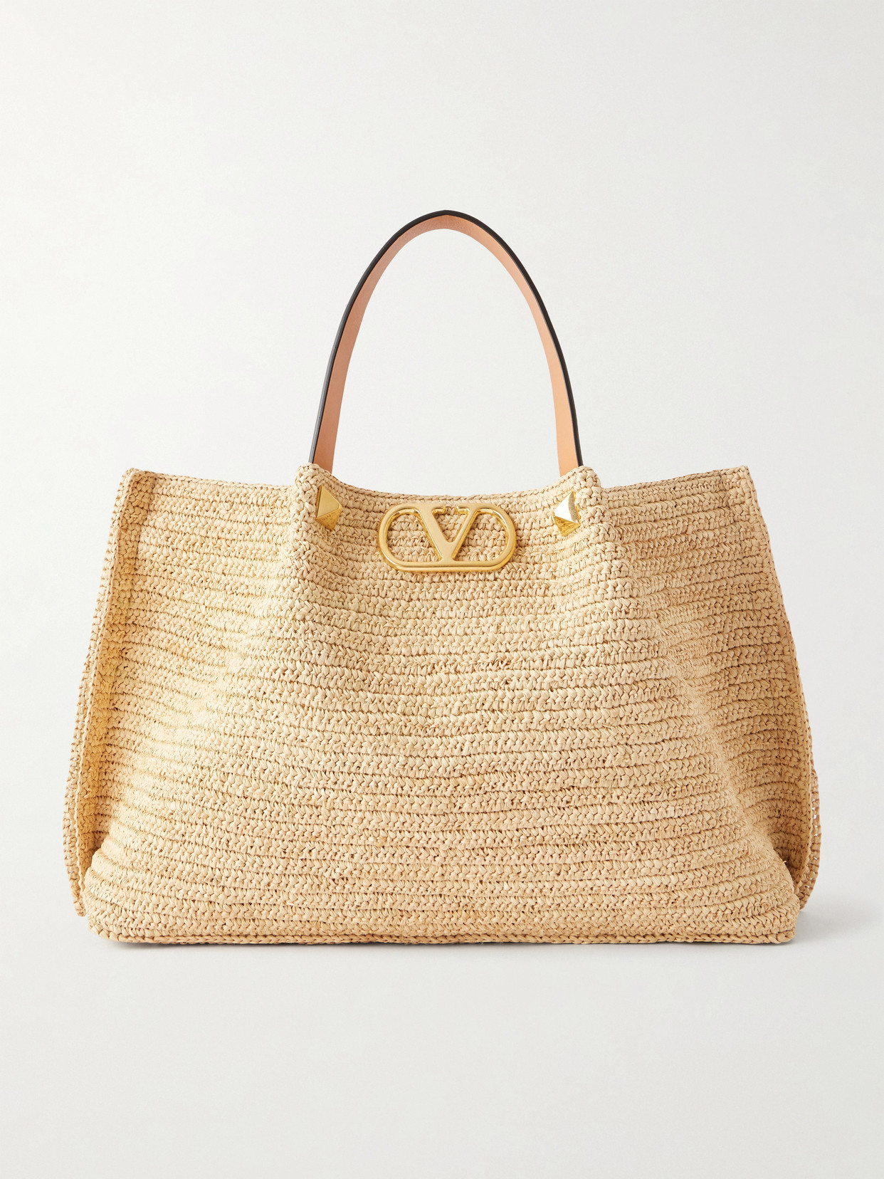 Valentino Garavani Vlogo Studded Leather-trimmed Woven Raffia Tote In Neutral