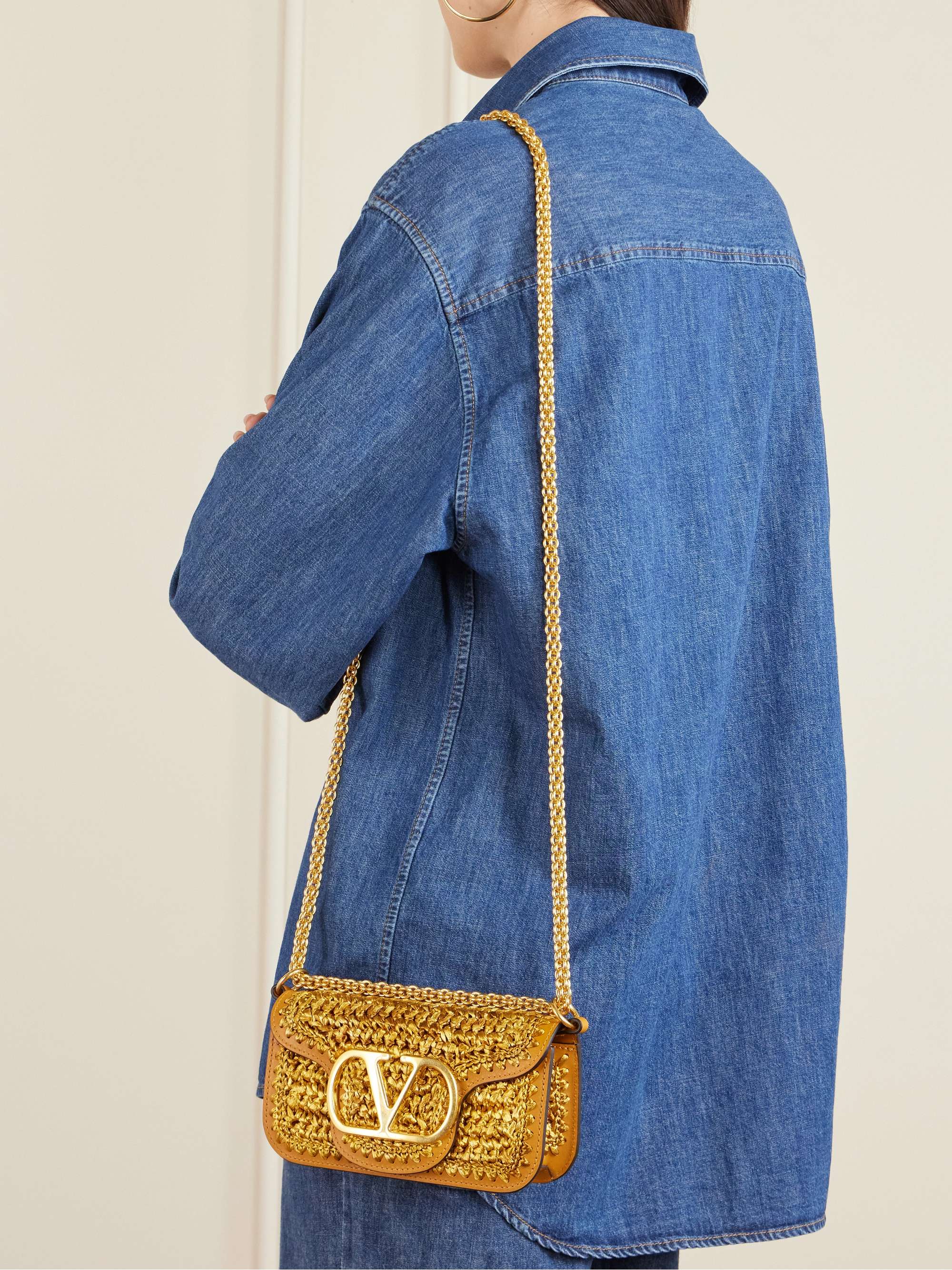 VALENTINO GARAVANI VLogo embellished leather-trimmed metallic VALENTINO GARAVANI VLogo embellished leather-trimmed metallic