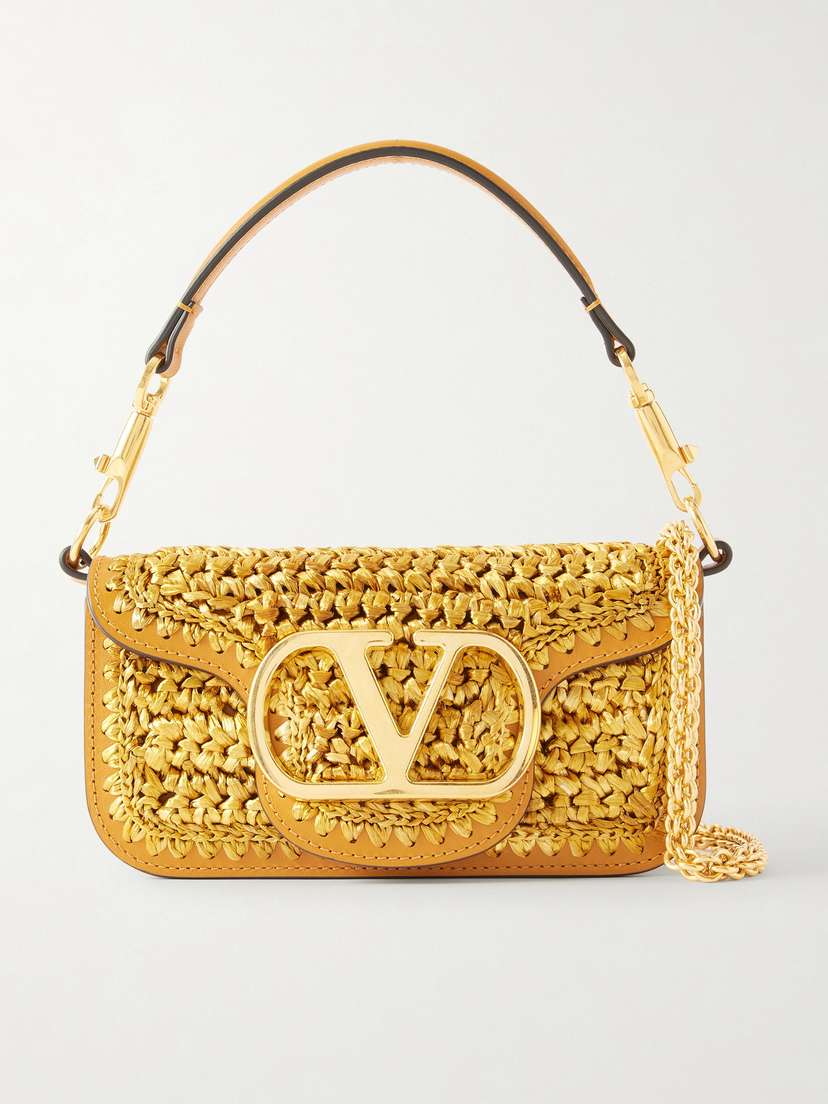 Valentino Garavani Vlogo Embellished Leather-trimmed Metallic Raffia Shoulder Bag