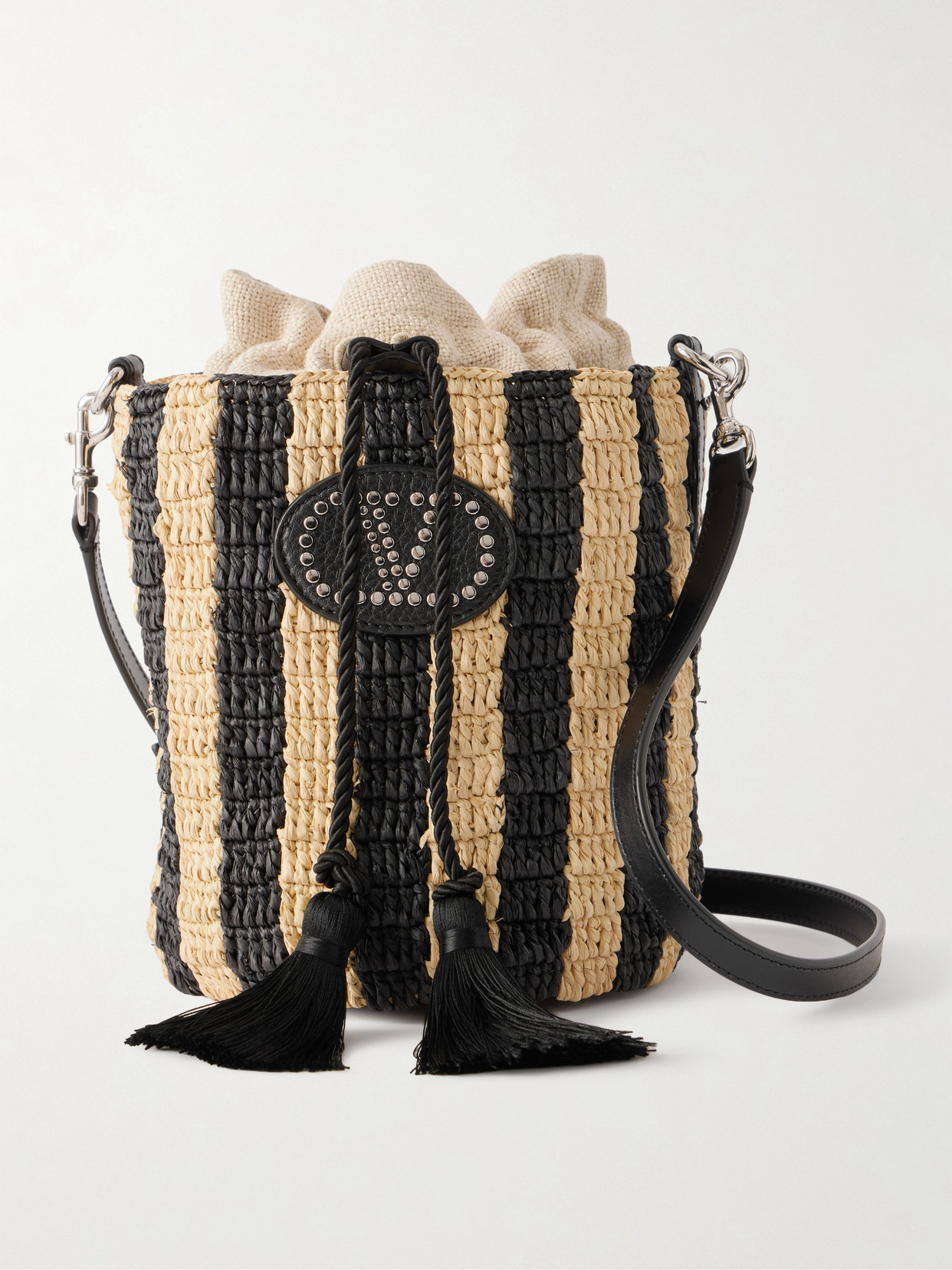 Valentino Garavani Embellished Striped Leather-trimmed Raffia Bucket Bag In Neutral