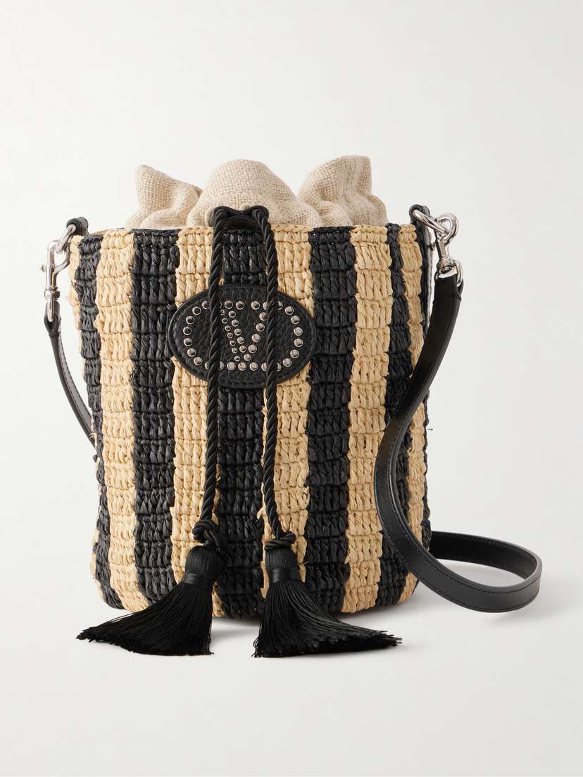 Valentino Garavani Embellished Striped Leather-trimmed Raffia Bucket Bag