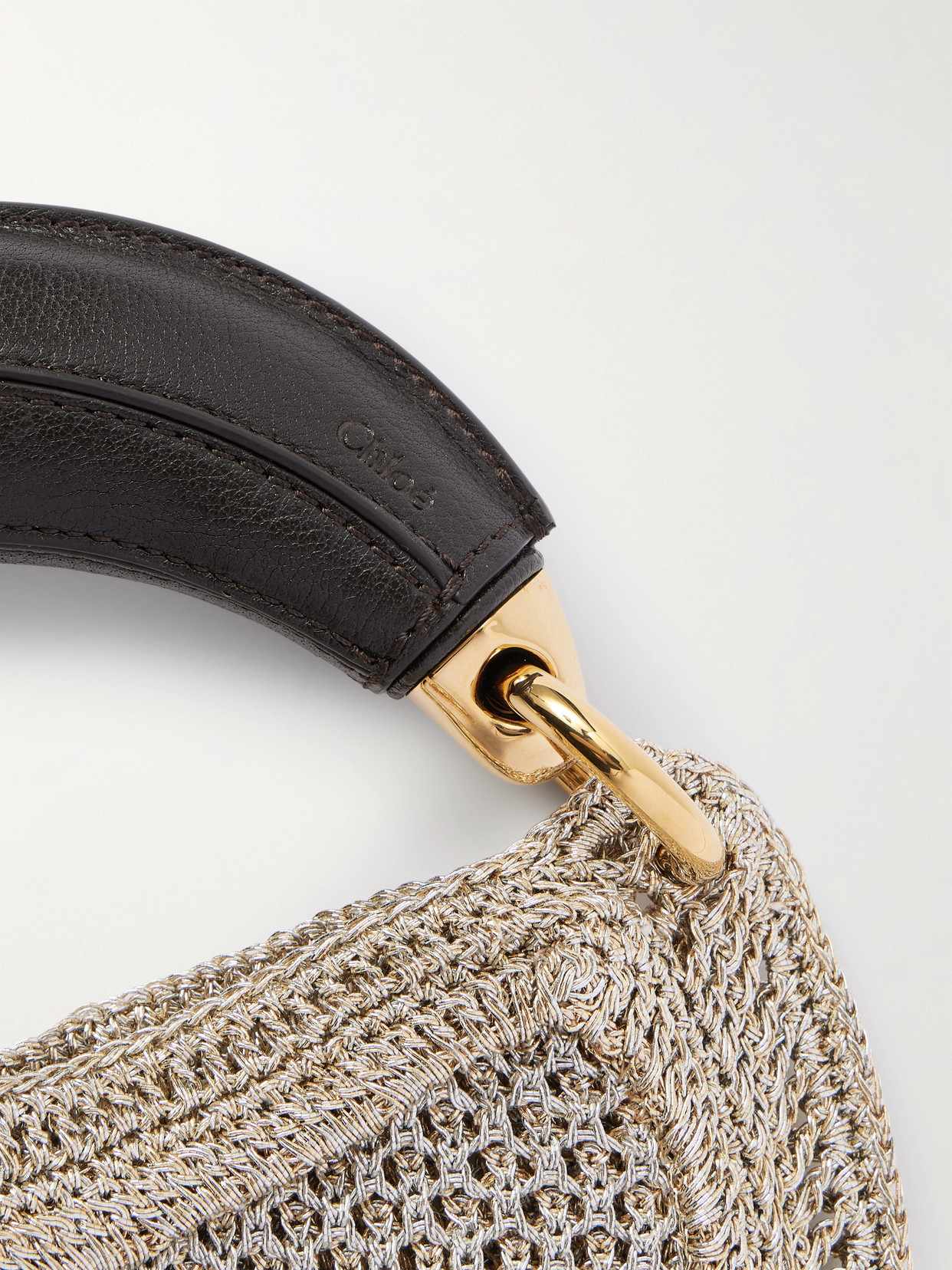 Chloé Summer Banana Leather-trimmed Metallic Crocheted Tote In Silver