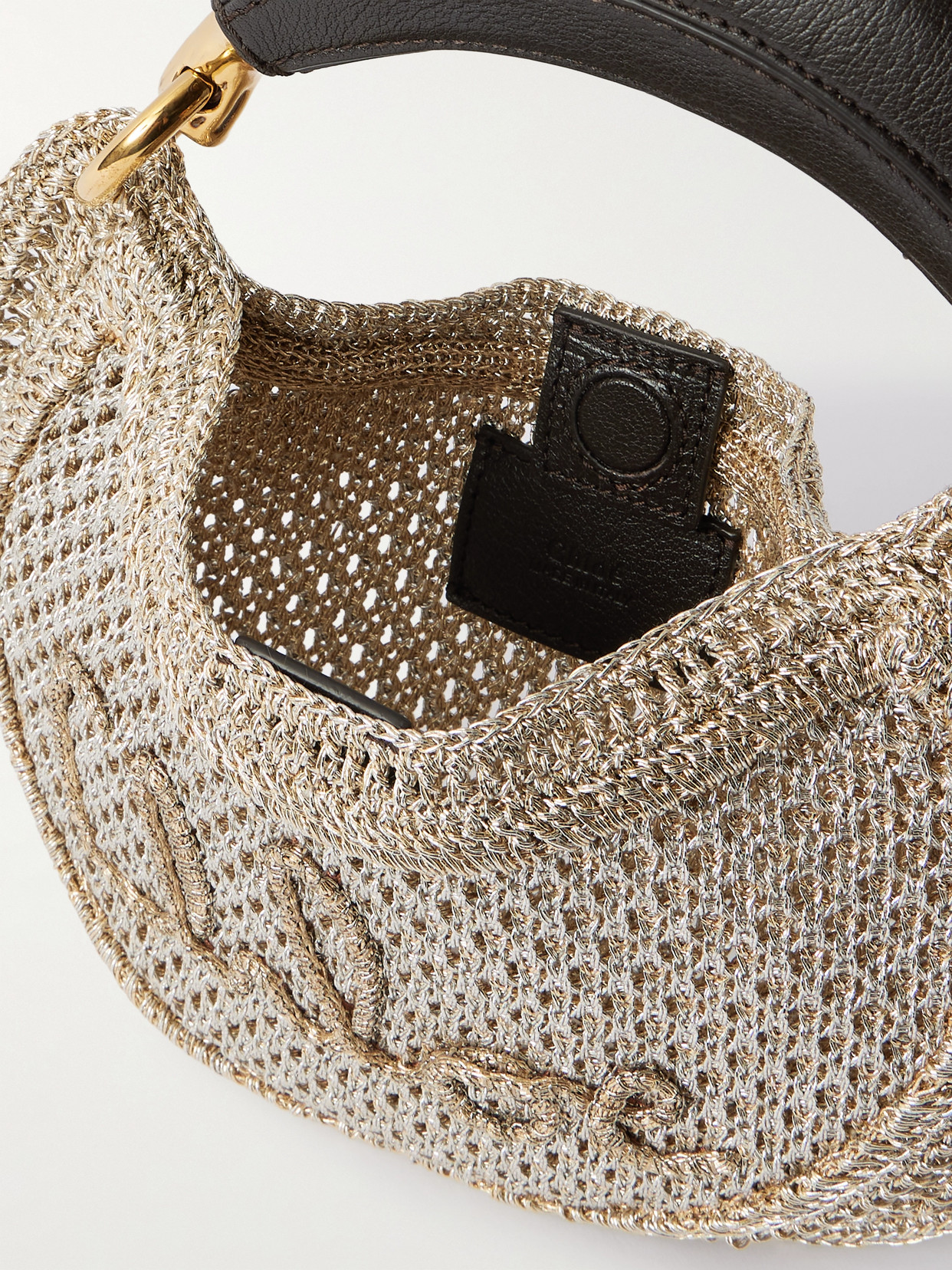 Chloé Summer Banana Leather-trimmed Metallic Crocheted Tote In Silver