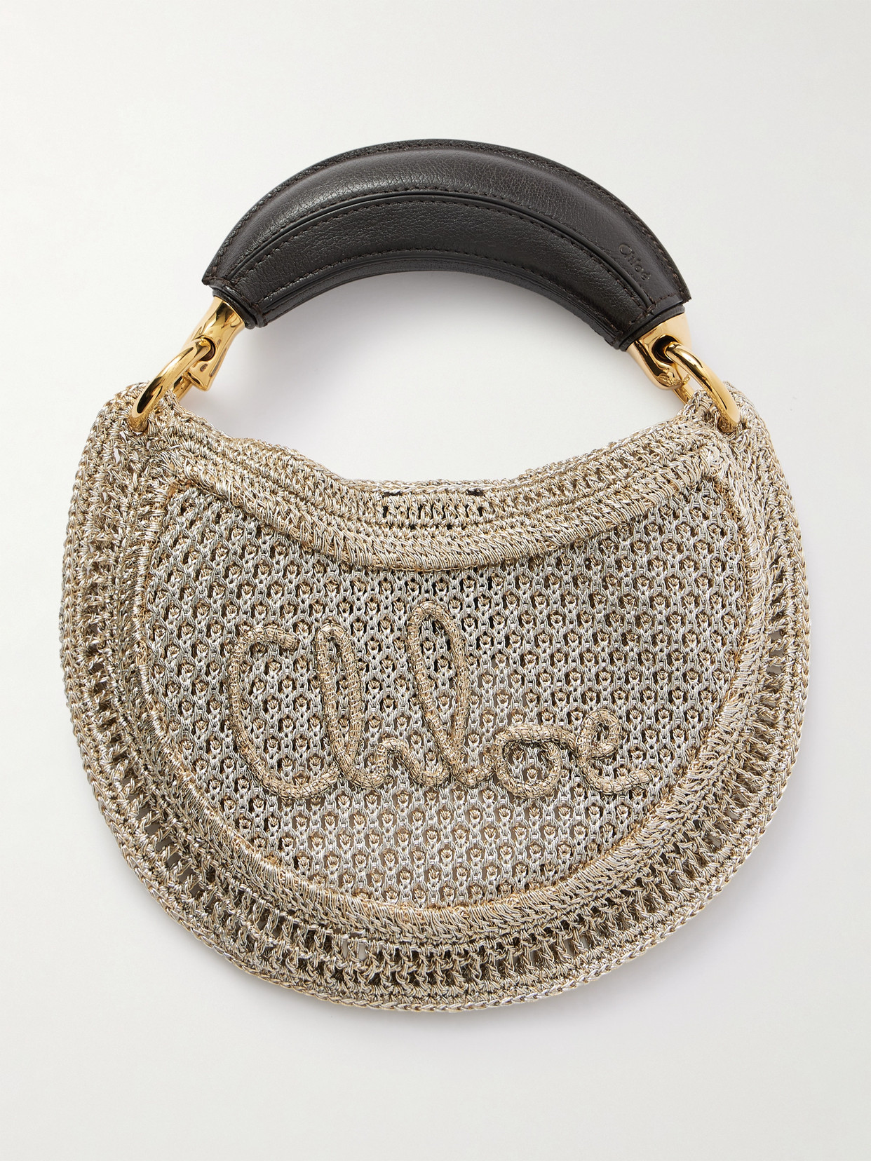 Chloé Summer Banana Leather-trimmed Metallic Crocheted Tote In Silver