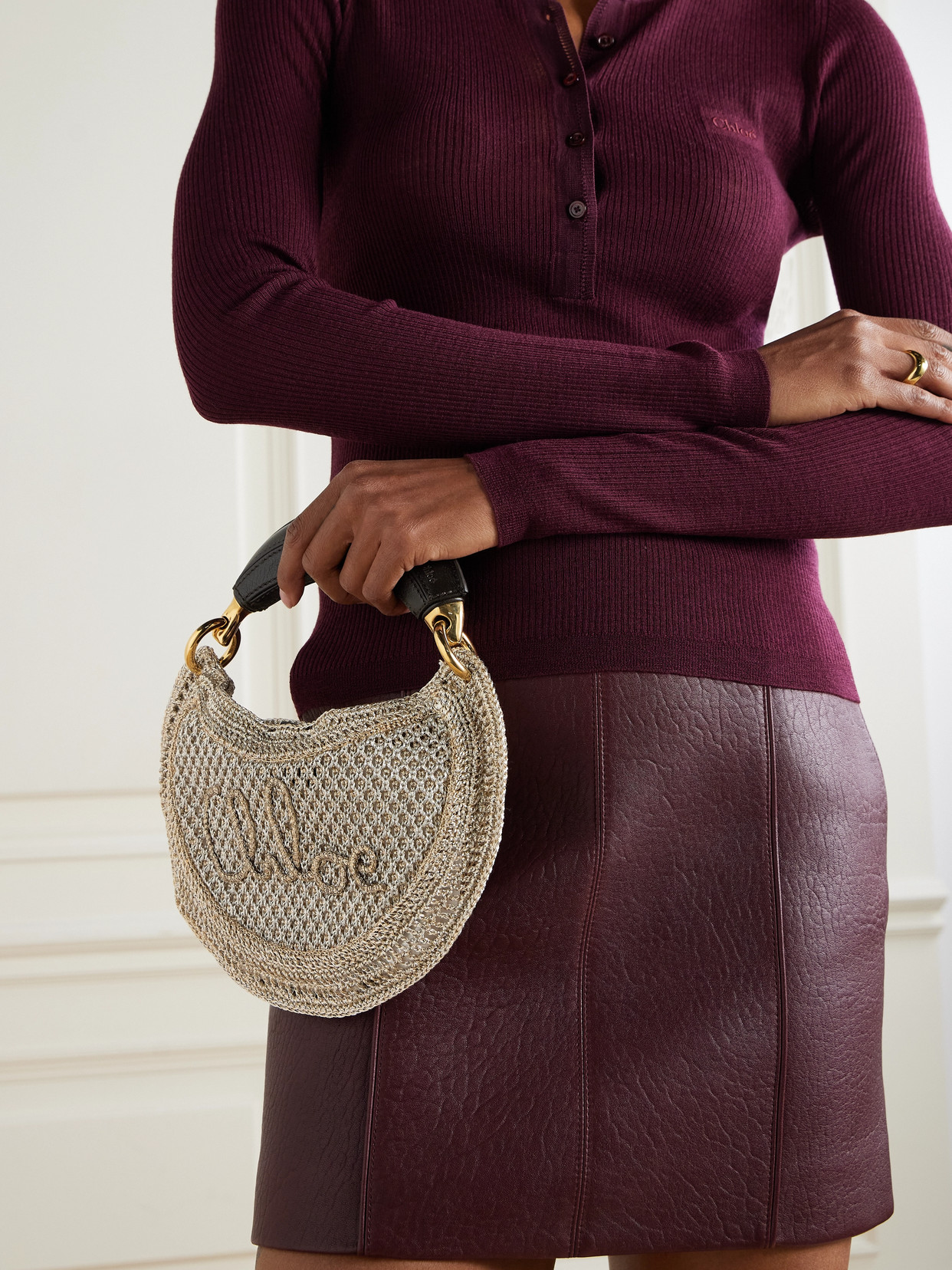 Chloé Summer Banana Leather-trimmed Metallic Crocheted Tote In Silver