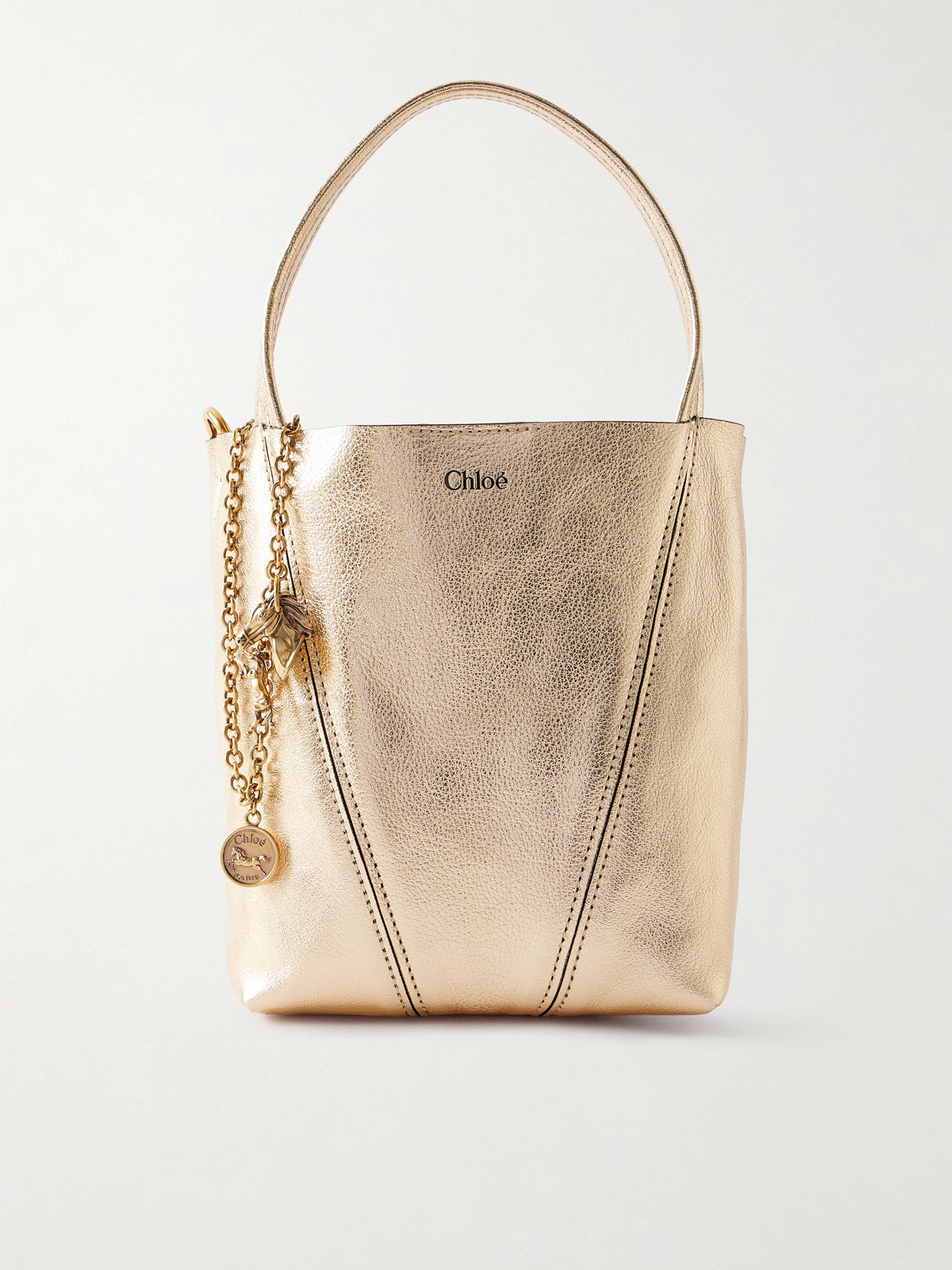 Chloé Spin Small Embellished Paneled Textured-leather Tote In Gold