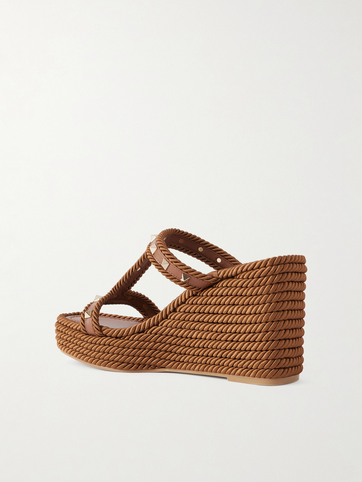 Valentino Rockstud Leather Wedge Mules In Brown