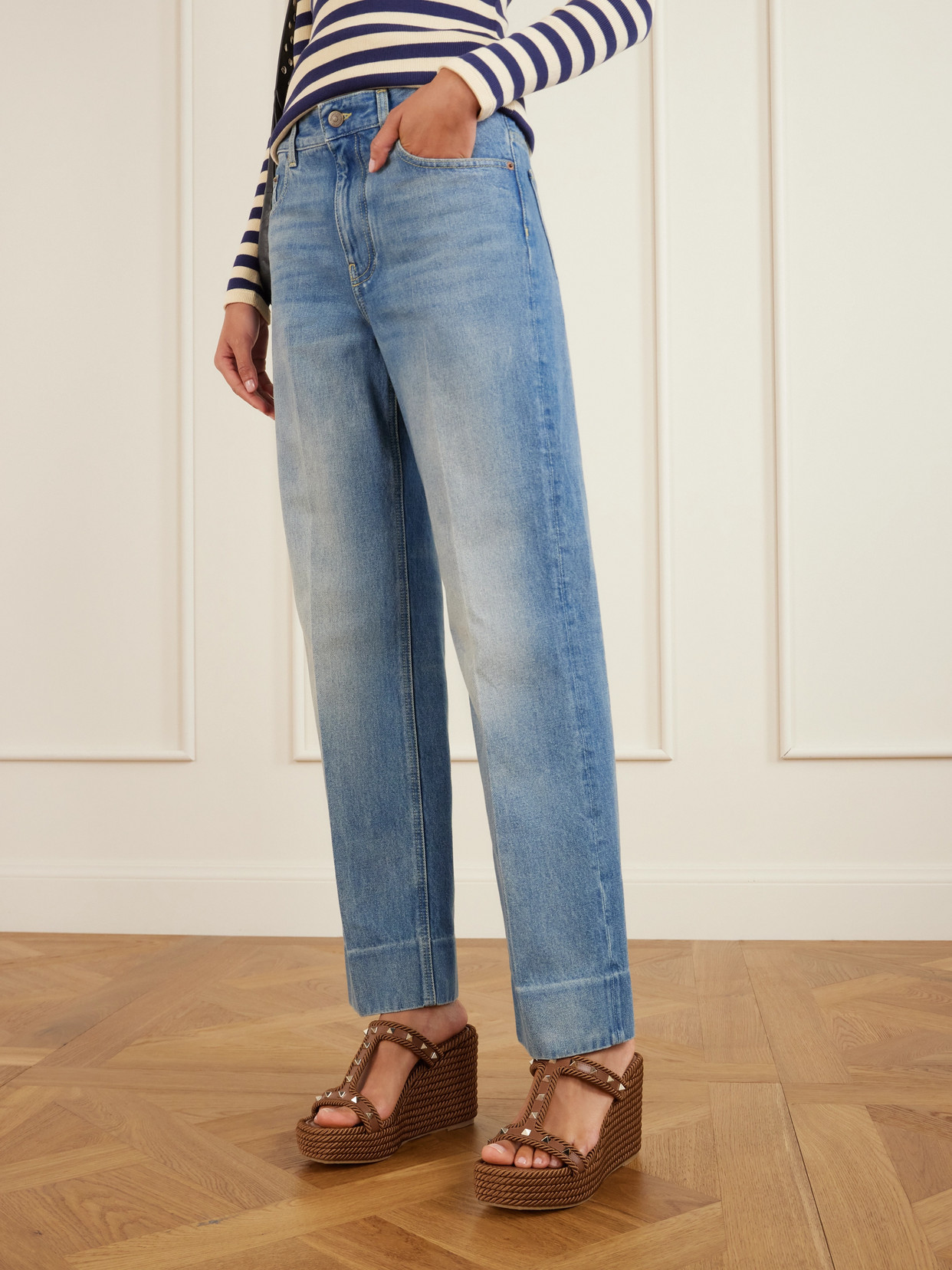 Valentino Rockstud Leather Wedge Mules In Brown