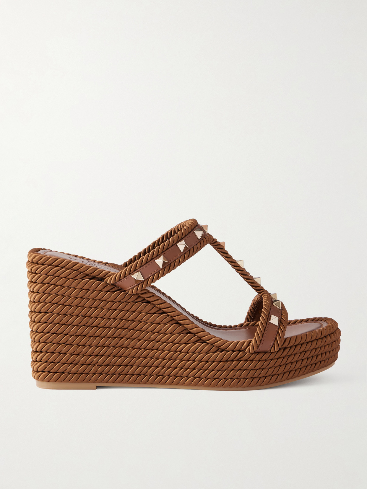 Valentino Garavani Rockstud Leather Wedge Mules In Brown