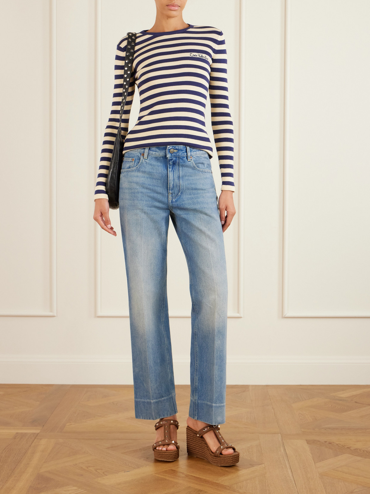 Valentino Rockstud Leather Wedge Mules In Brown