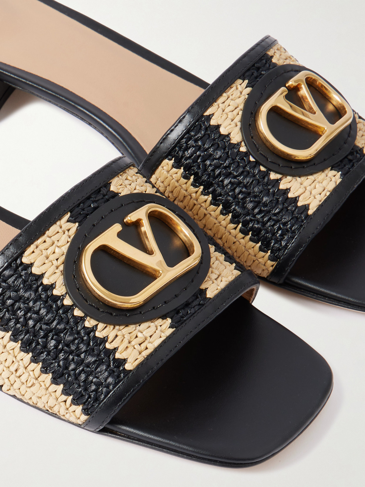 Garavani - Vlogo Embellished Leather-Trimmed Striped Raffia Slides