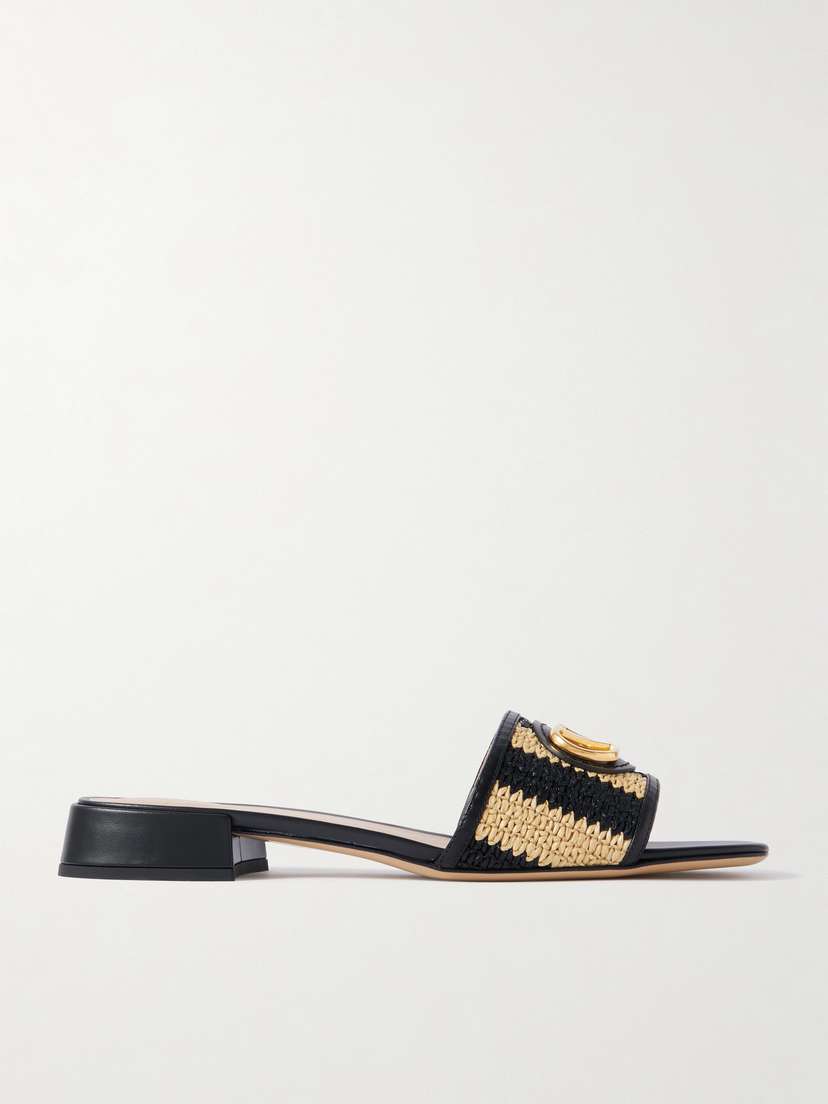 Valentino Garavani Vlogo Embellished Leather-trimmed Striped Raffia Slides