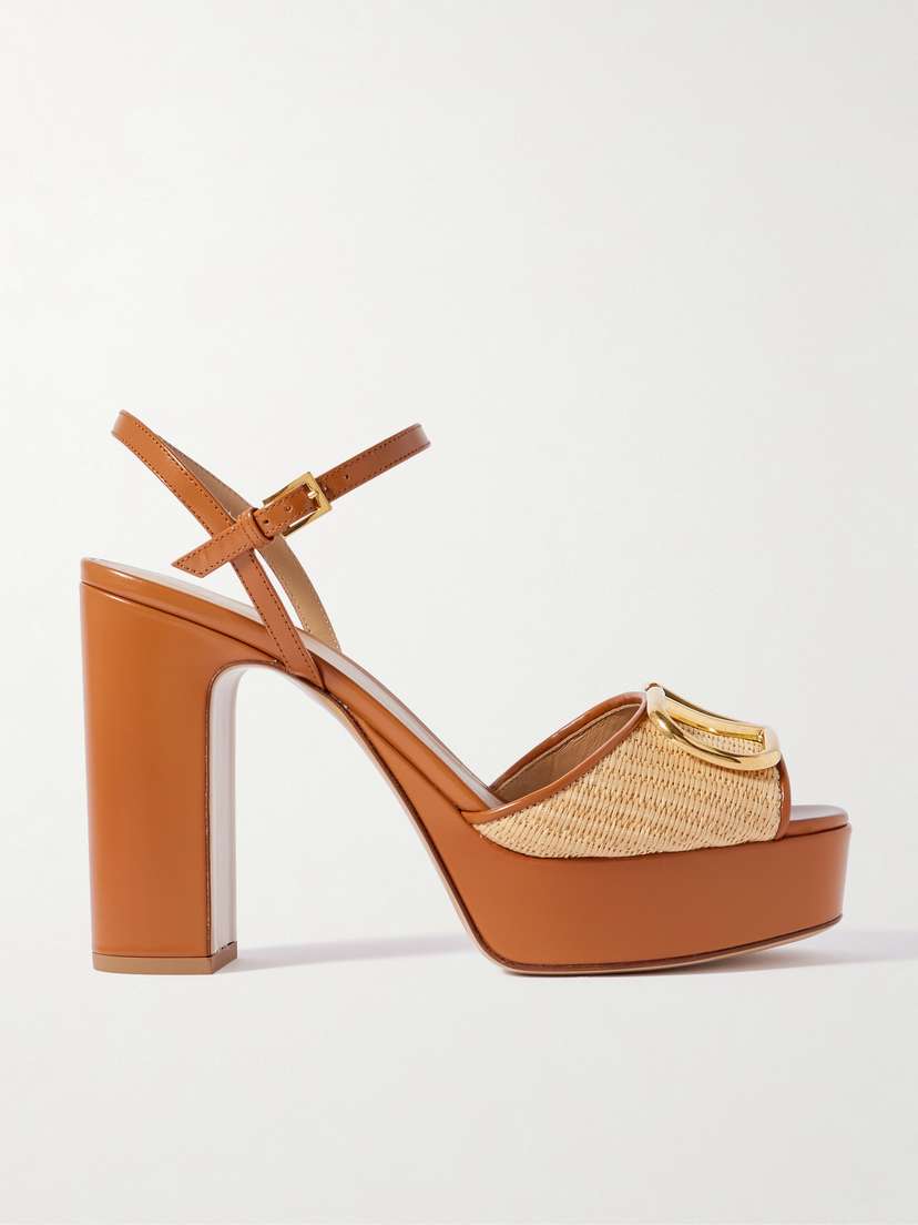 Valentino Garavani Vlogo Signature 115 Leather-trimmed Raffia Platform Sandals