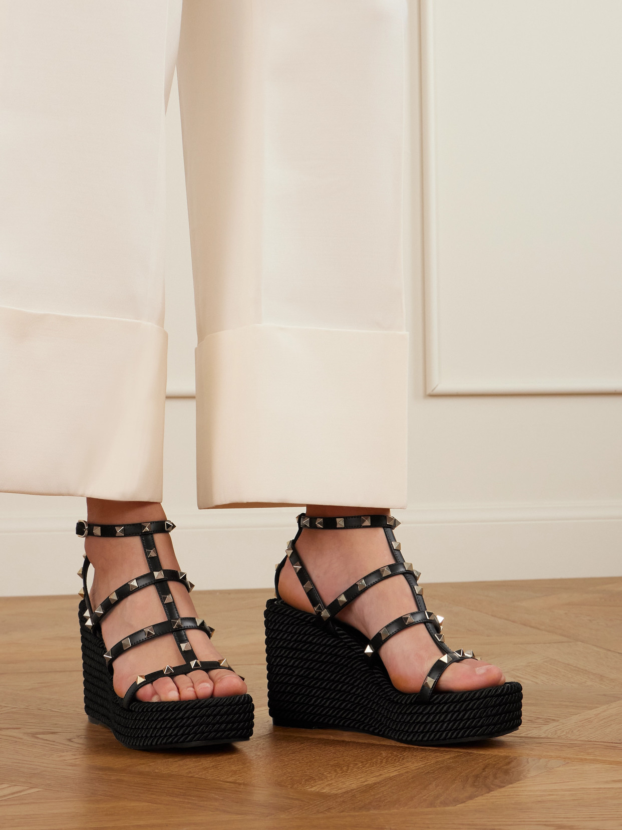 Valentino Rockstud Leather Wedge Sandals In Black