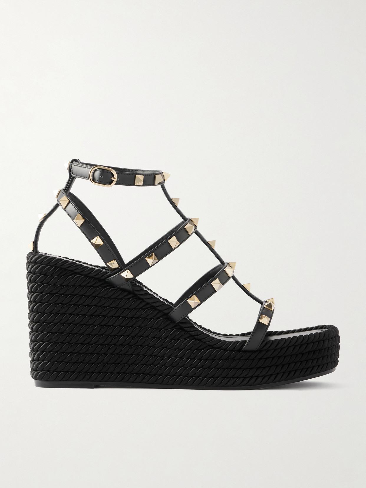 Valentino Rockstud Leather Wedge Sandals In Black