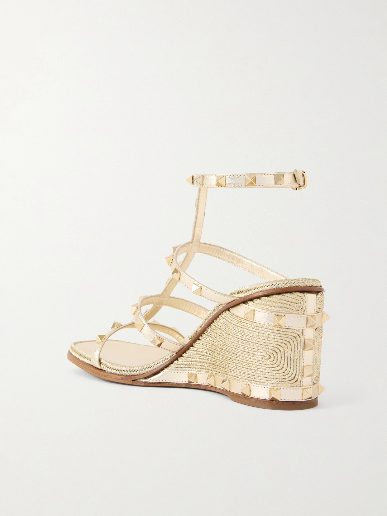 Valentino Rockstud Metallic Leather Espadrille Wedge Sandals In Brown