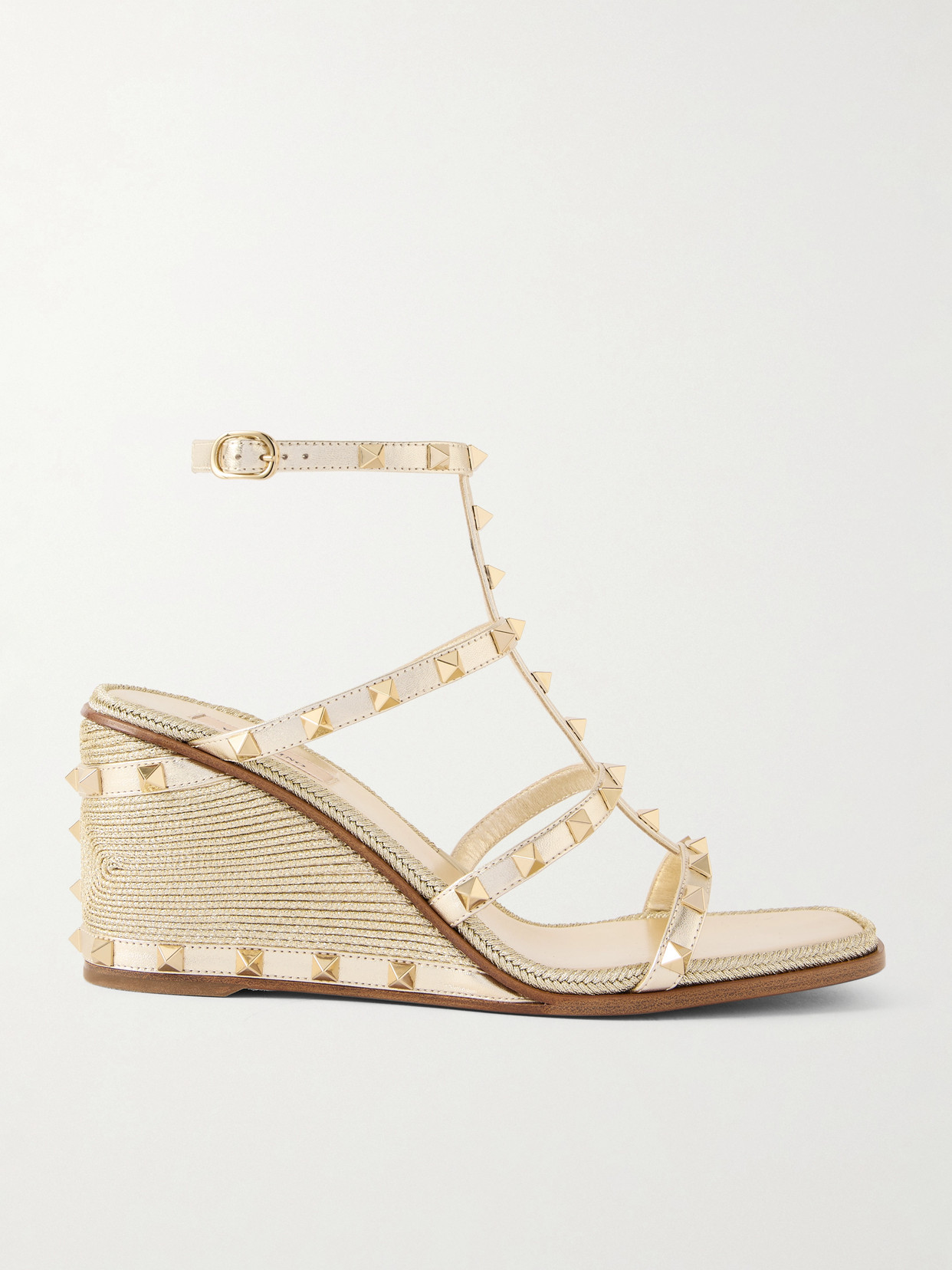 Valentino Garavani Rockstud Metallic Leather Espadrille Wedge Sandals In Brown
