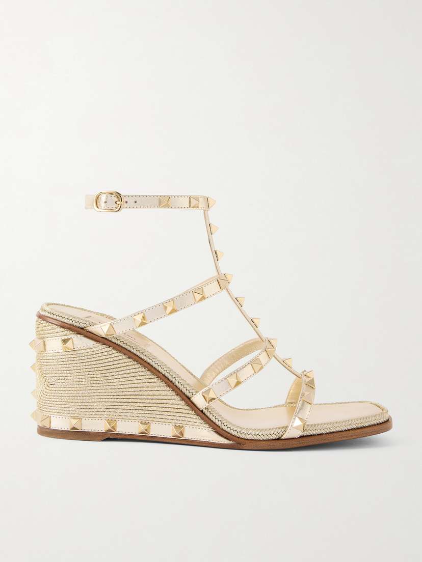 Valentino Garavani Rockstud Metallic Leather Espadrille Wedge Sandals