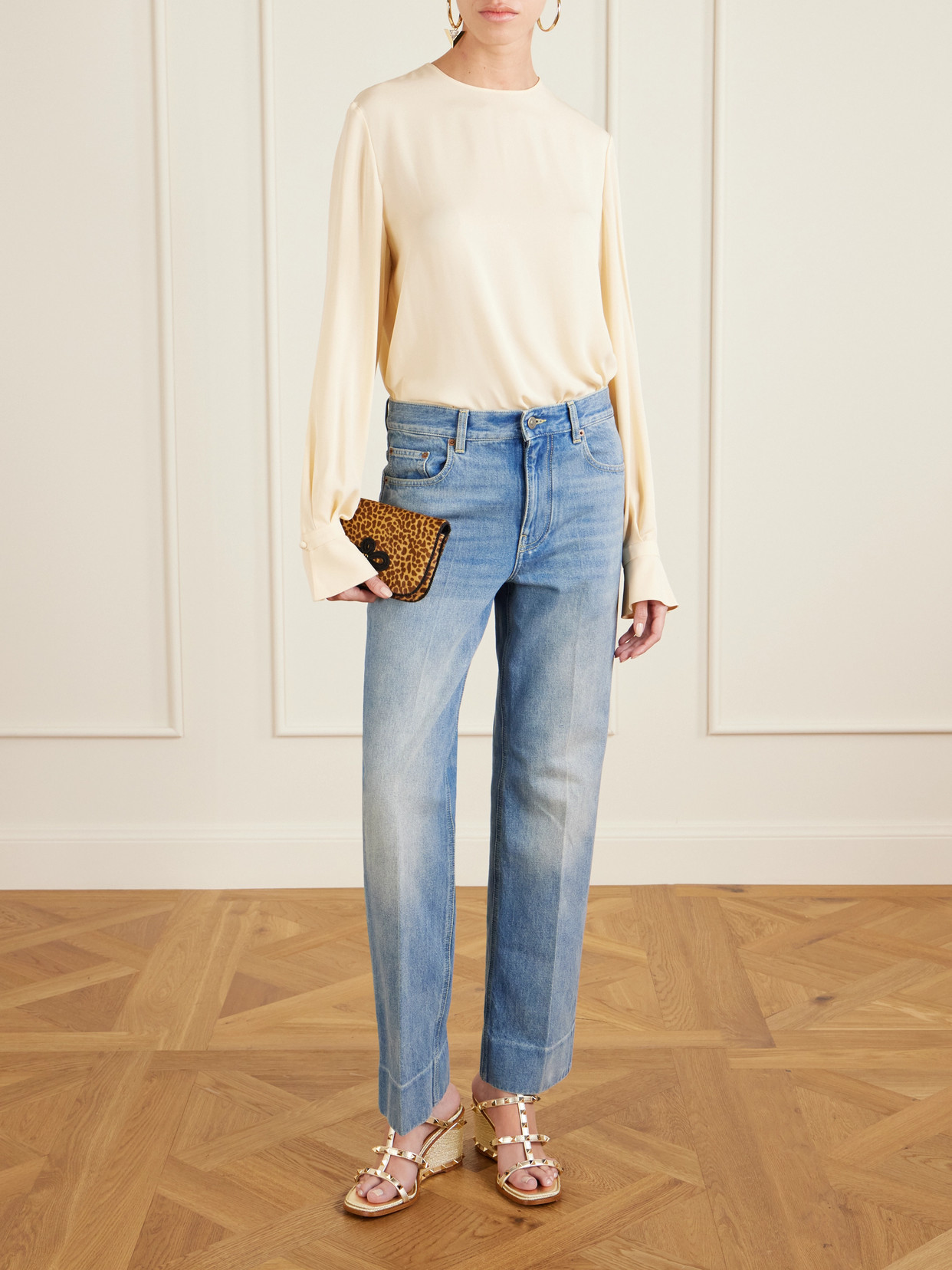 Valentino Rockstud Metallic Leather Espadrille Wedge Sandals In Brown